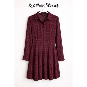 & Other Stories Burgundy Printed Shirt Dress Fit Flare Long Sleeve